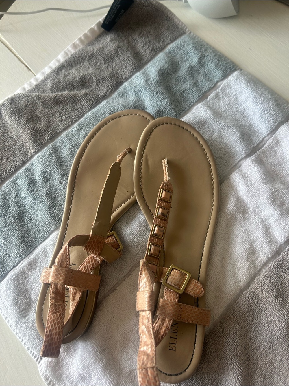 Ellen Tracy Tan Snake-Texture T-Strap Sandals with Gold Buckle